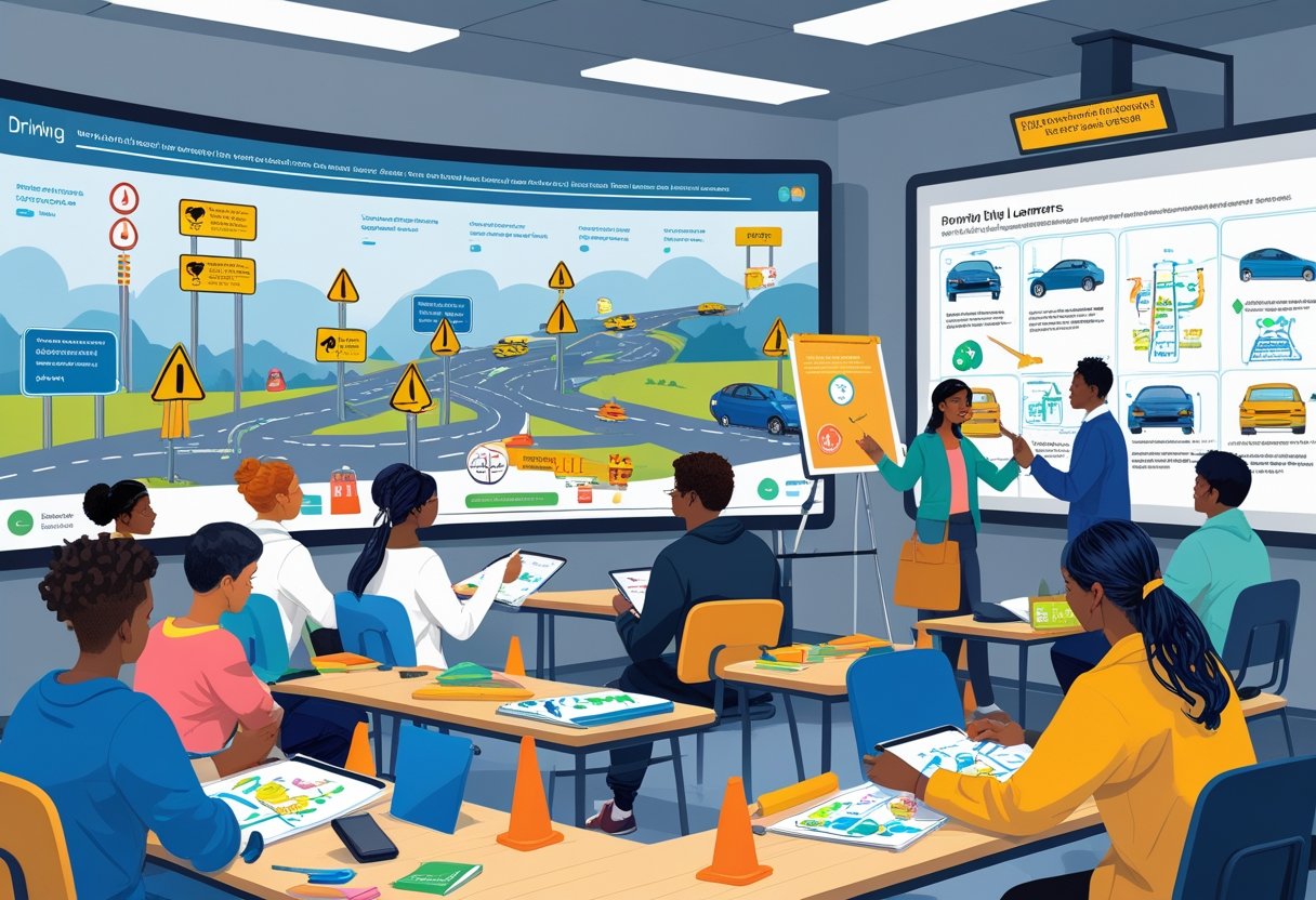 A group of people learning to drive using visual aids like screens, diagrams, and models in a bright classroom with an instructor guiding them.