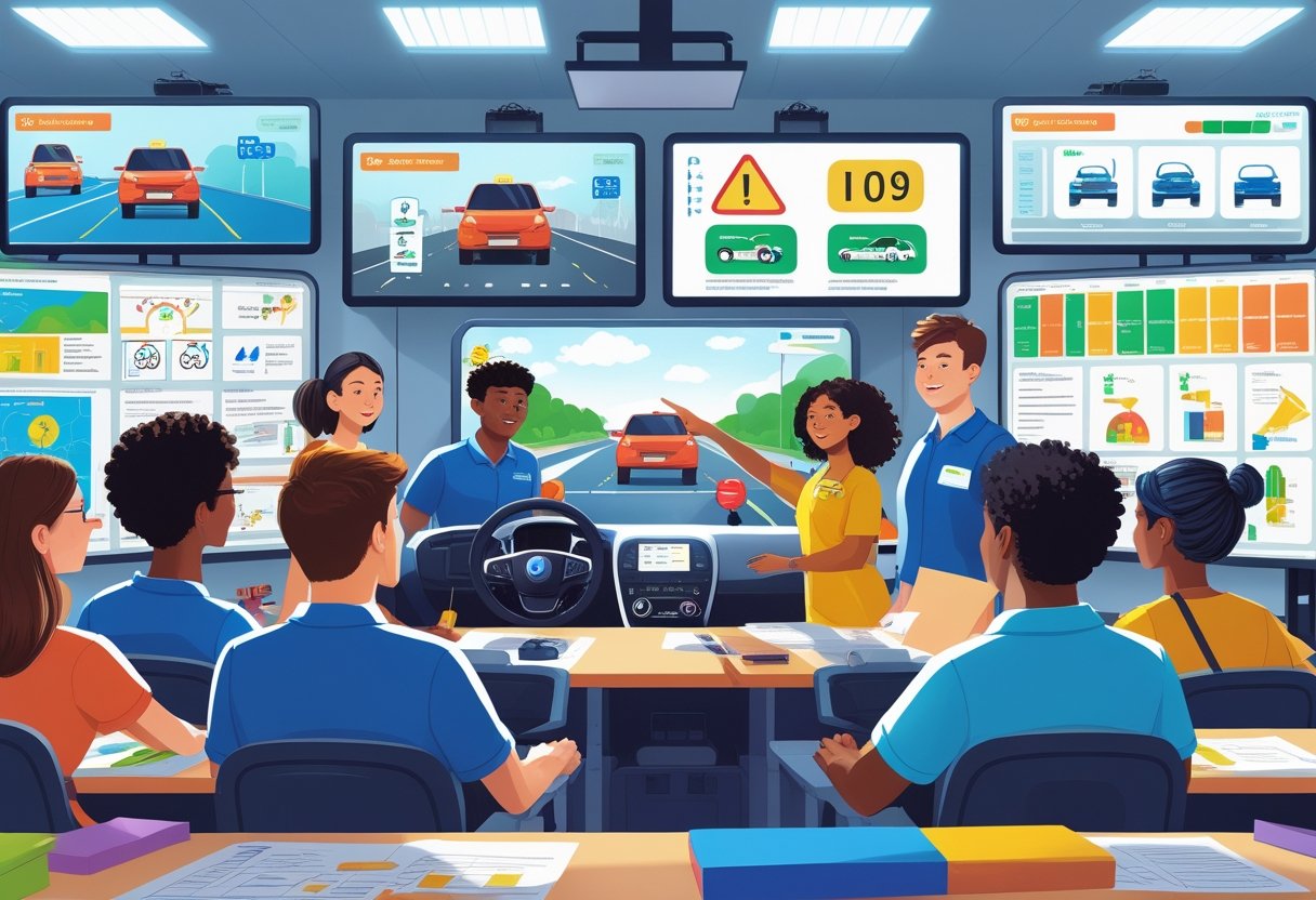A group of learners watching driving instructions on large screens with an instructor explaining a car dashboard in a classroom.