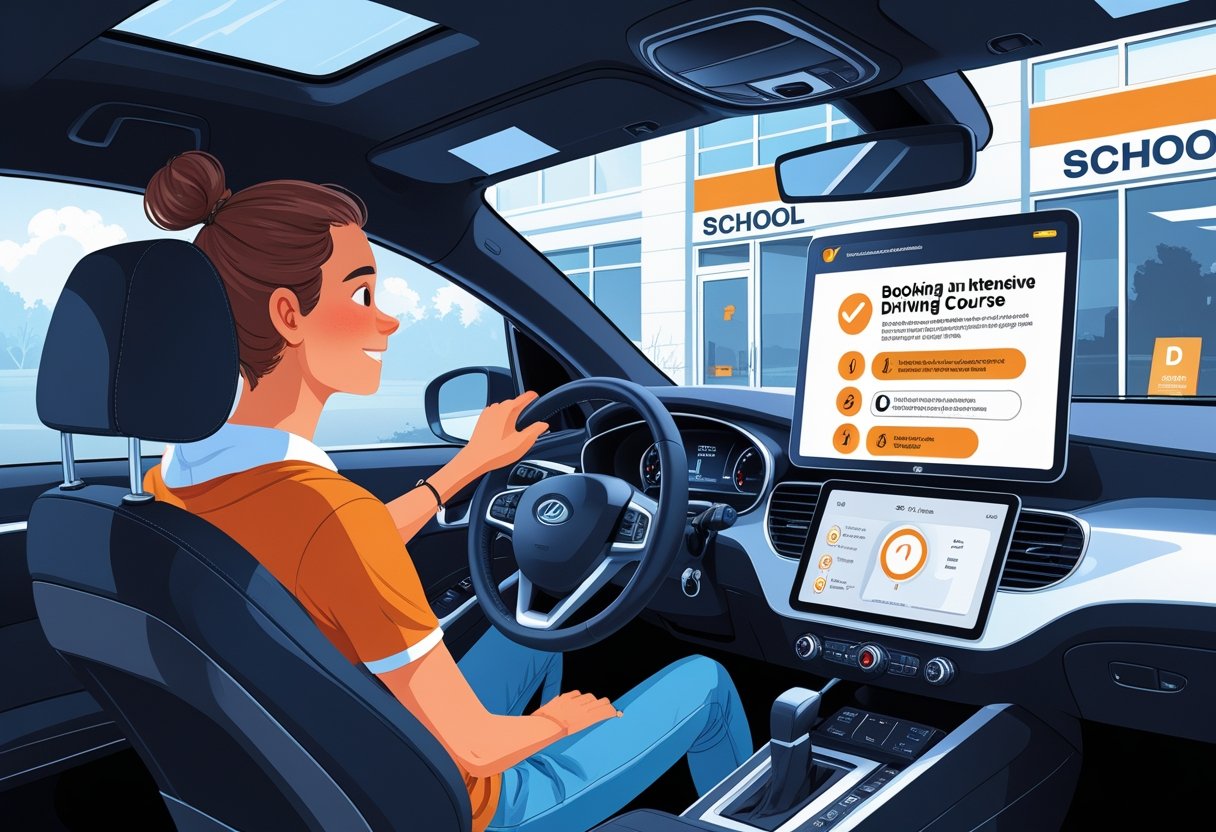 A learner driver inside a car looking at a digital screen with instructions for booking an intensive driving course, with a driving school sign visible outside.