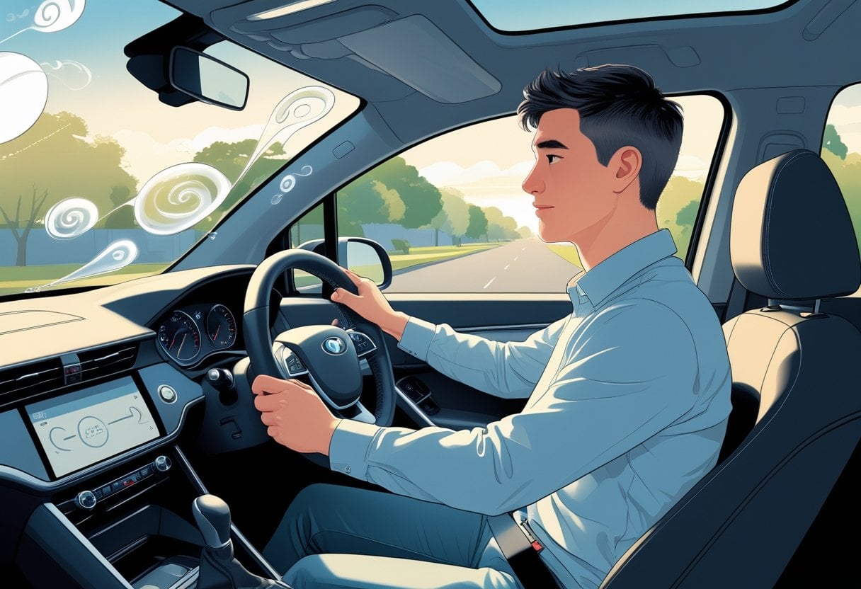 A young adult sitting calmly in the driver's seat of a car on a quiet suburban street, with abstract shapes around their head symbolising thoughts turning into focus.