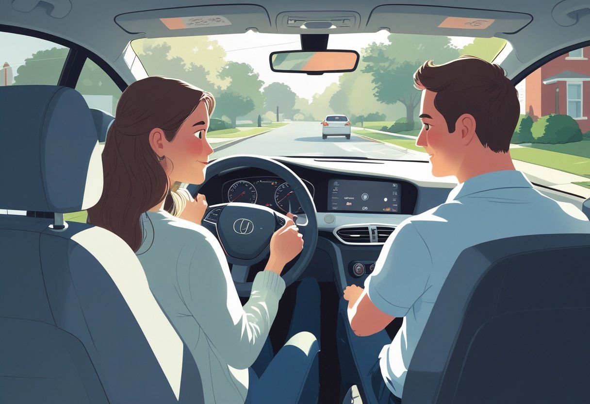 A young adult learner driving a car on a quiet suburban street with a calm instructor beside them.