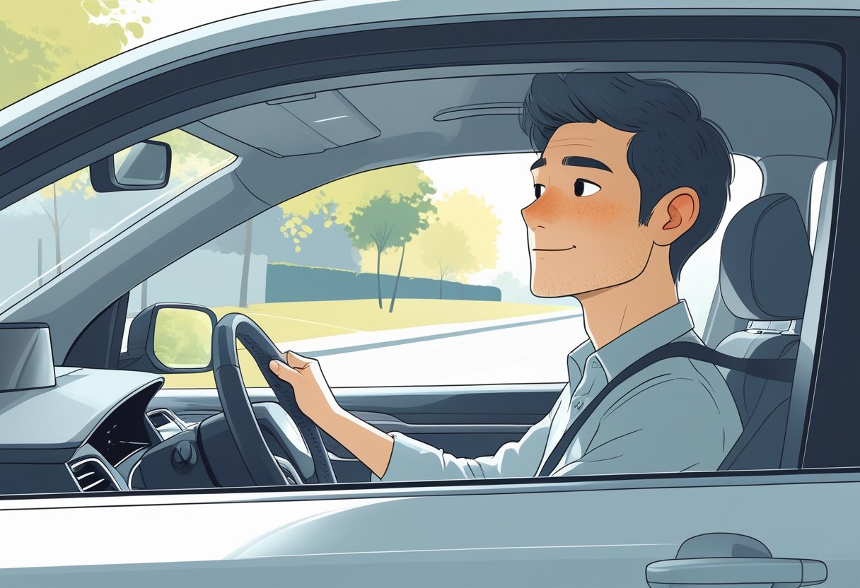 A young person sitting calmly behind the wheel of a car on a quiet suburban street surrounded by trees.