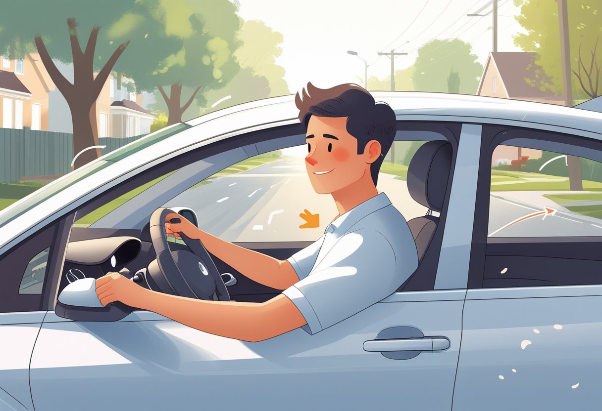 A young adult sitting calmly in the driver's seat of a car on a quiet suburban street, appearing focused and comfortable.