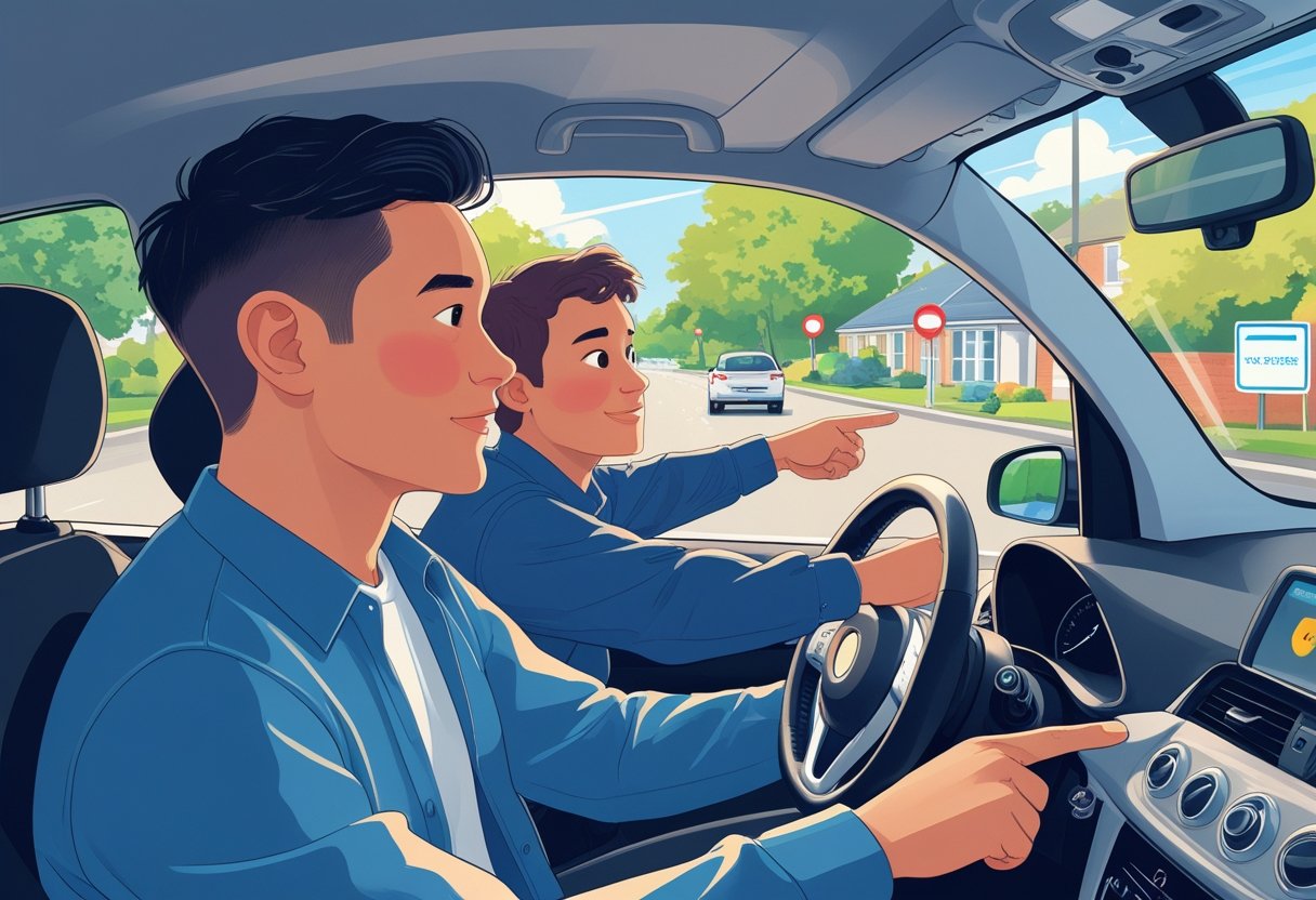 A driving instructor guides a learner driver inside a car on a quiet suburban street, showing support and encouragement.