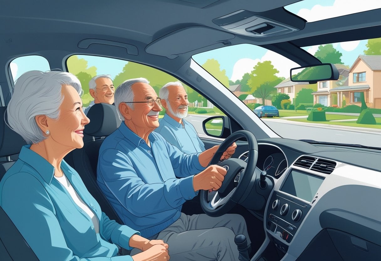 A mature person driving a car with a driving instructor beside them on a quiet suburban street.