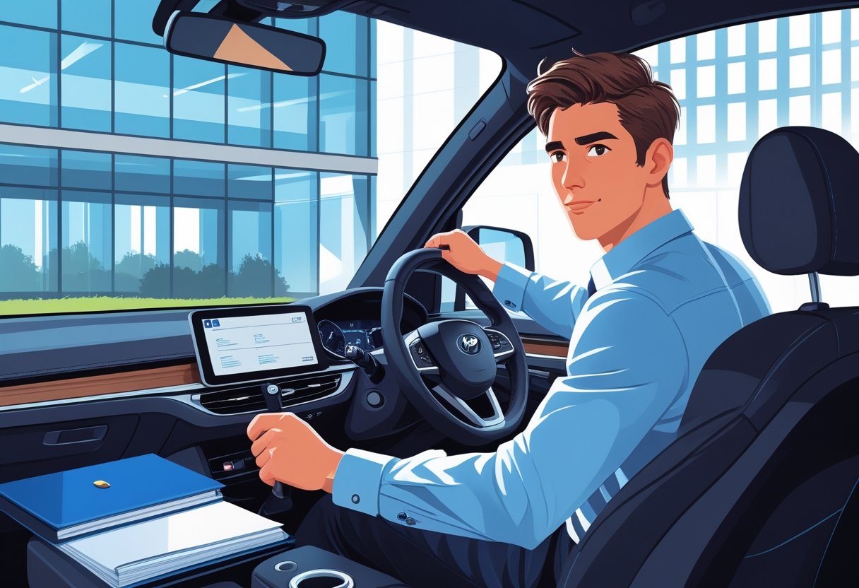 A young adult sitting in a car near an office building, preparing for a job interview by practicing driving.