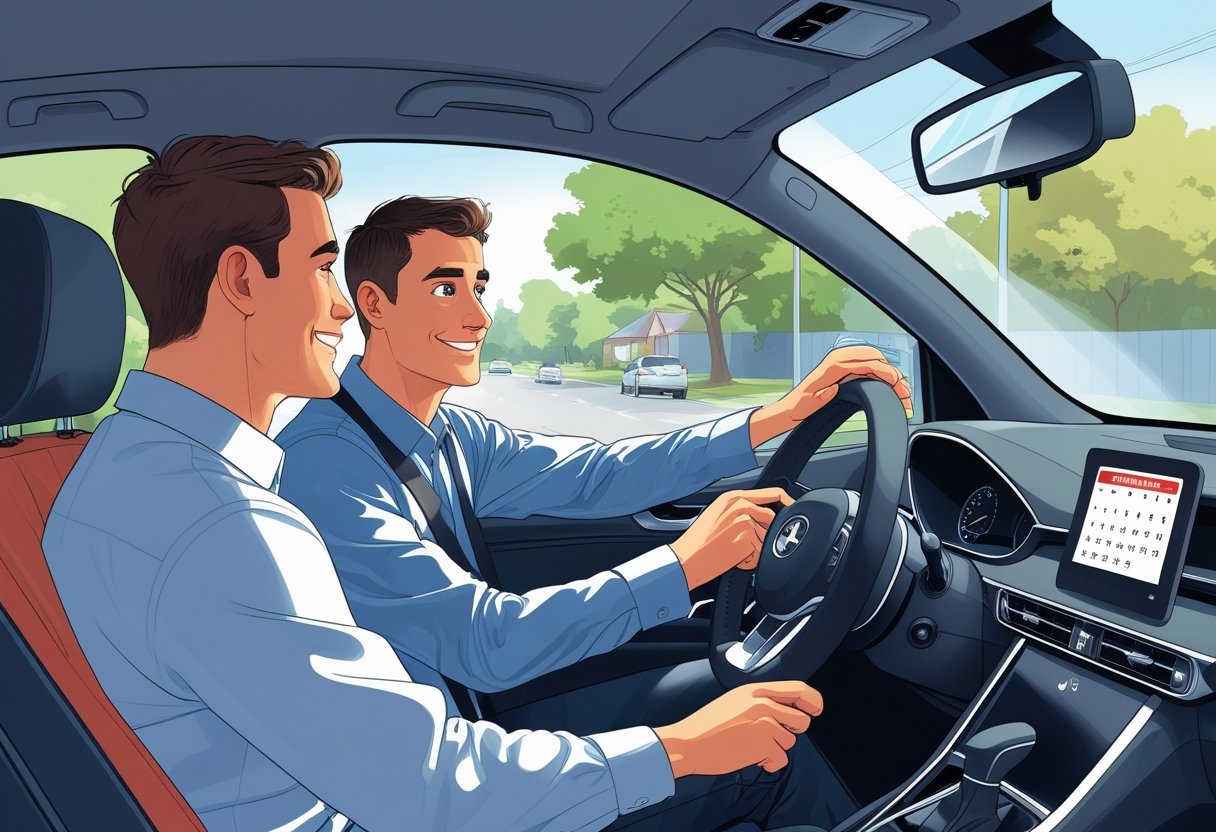 A person inside a car receiving driving instruction from an instructor, with a briefcase on the passenger seat and a calendar visible, suggesting preparation for a job interview.