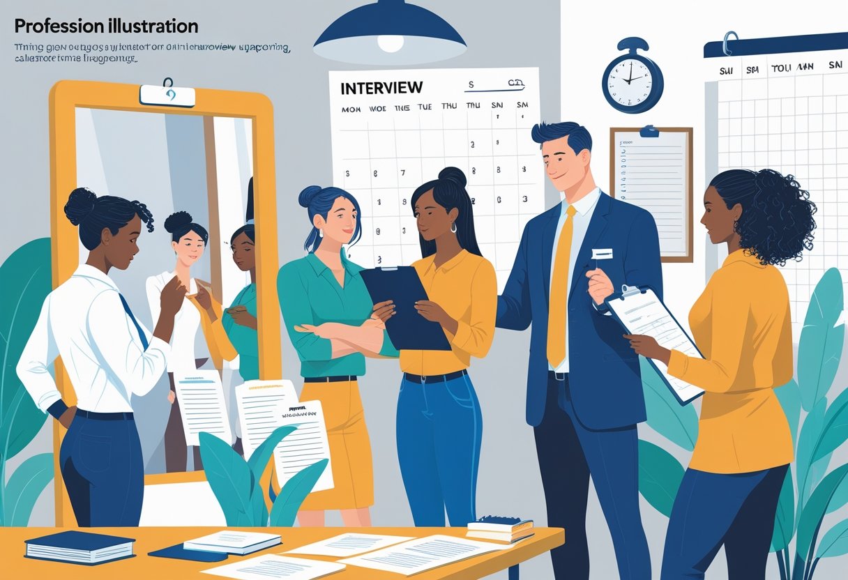 People preparing for job interviews with a coach providing guidance in a calm and organised setting.