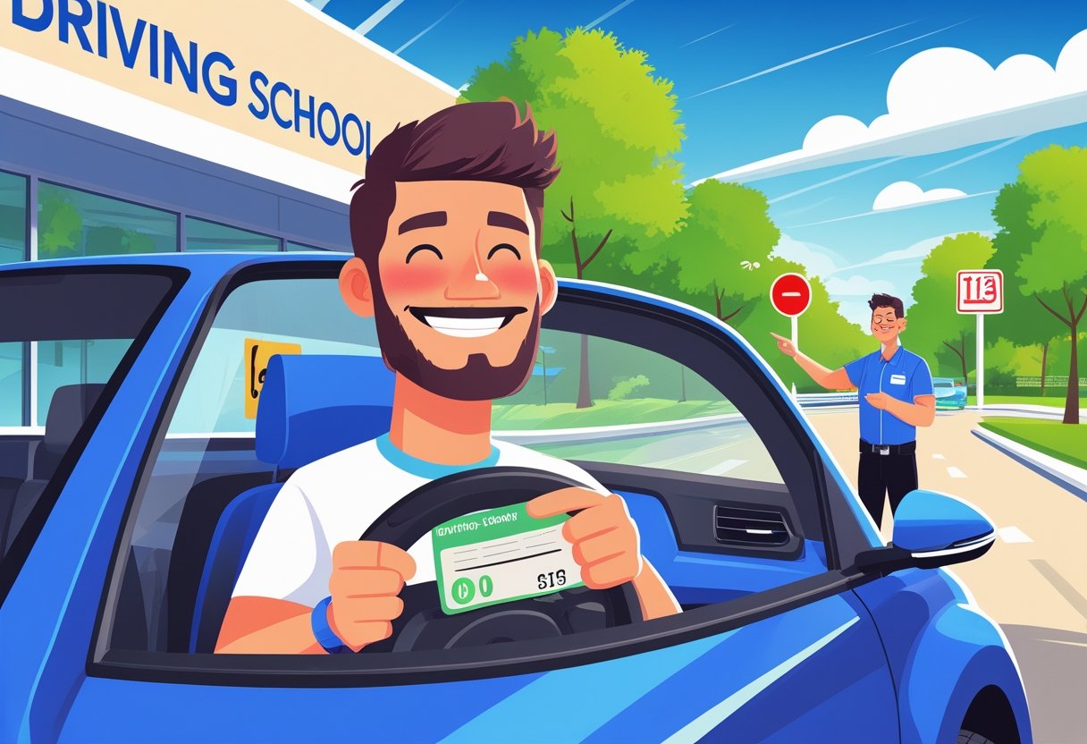 A young adult sitting in a car holding a driving license, with a driving instructor standing nearby outside a driving school building on a clear day.