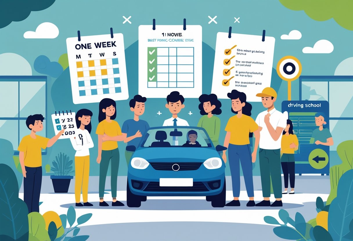 A group of people receiving driving lessons and support in a driving school setting with a car, road signs, and a calendar indicating a one-week deadline.