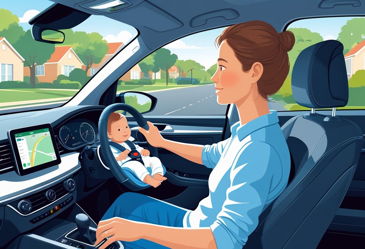 A new parent driving a car with a baby safely secured in a rear-facing car seat in the back.