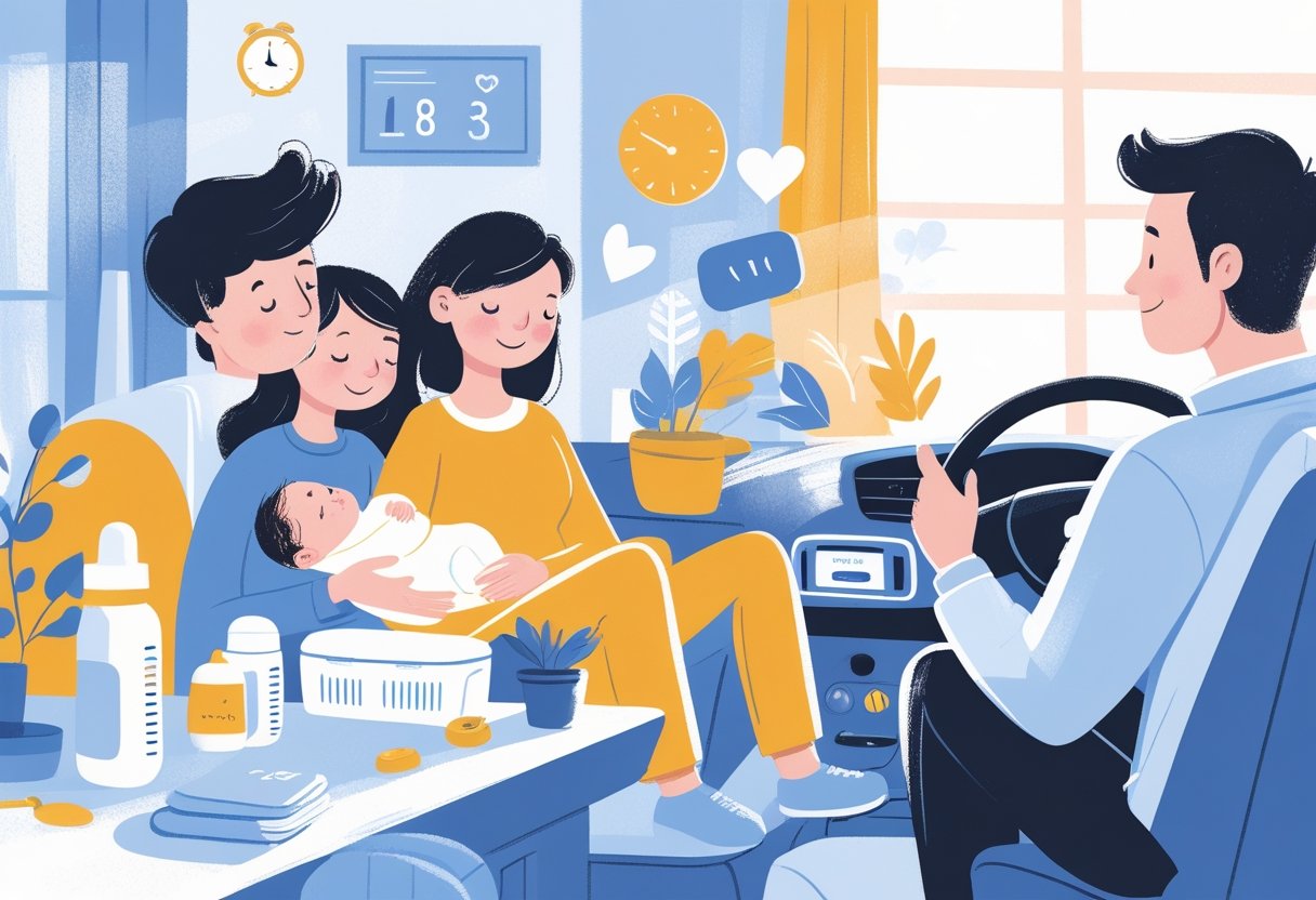 A young couple with a newborn baby at home looking tired but attentive, while a driving instructor helps one parent learn to drive in a car nearby.