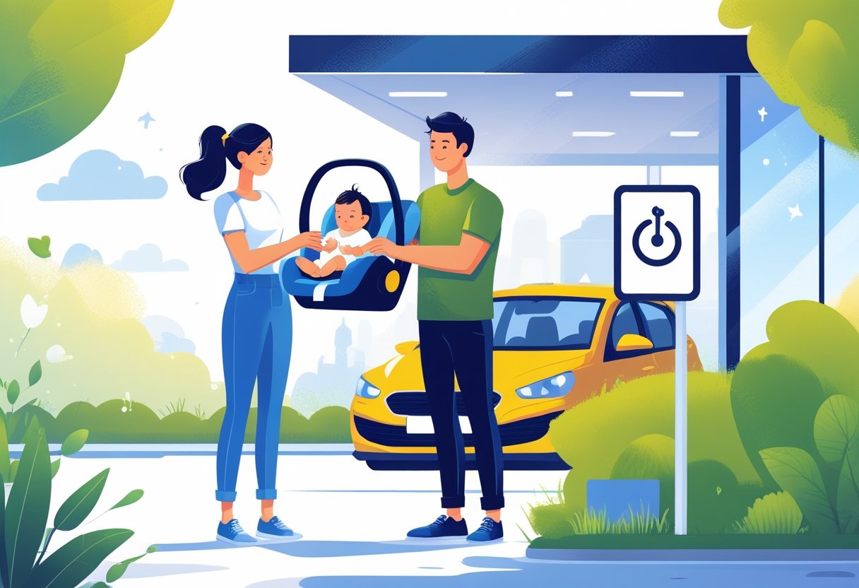 A new parent couple with a baby preparing to book an intensive driving course outside a driving school, with a car parked nearby.