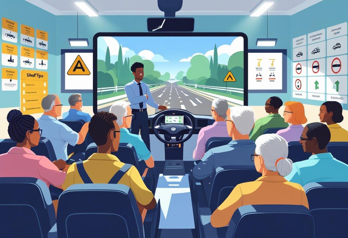 Adults learning to drive in a modern driving school with an instructor and driving simulator in a bright classroom.