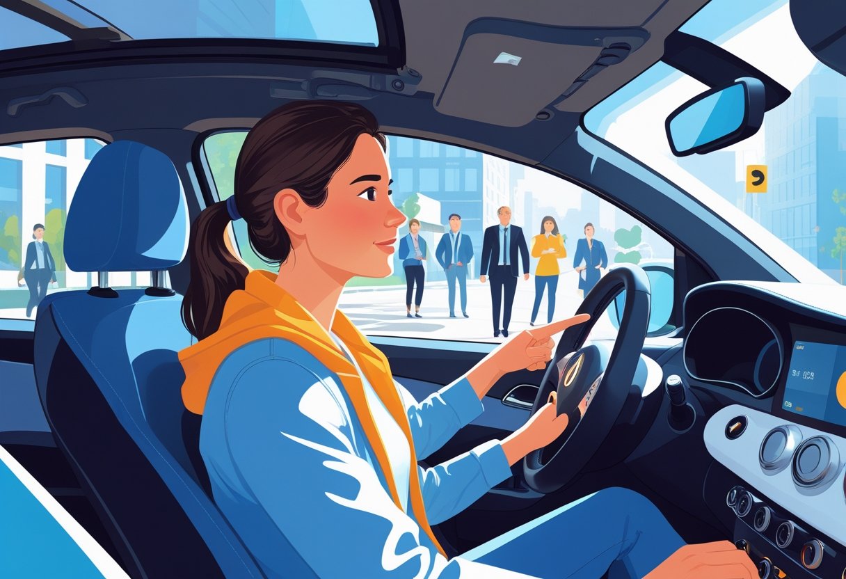 An adult learner in a car receiving driving instruction from an instructor, with office buildings visible outside, symbolising returning to work.