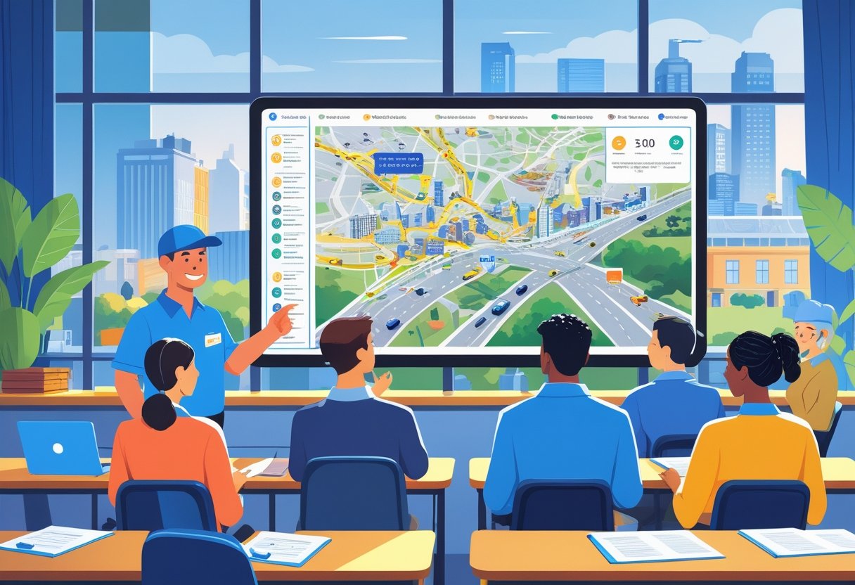 A group of adults attending a driving course in a classroom with a city map on a screen and a cityscape visible through the window.