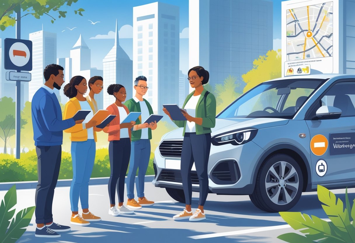 A group of adults learning to drive with an instructor beside a car in a city setting, with city landmarks and a map in the background.
