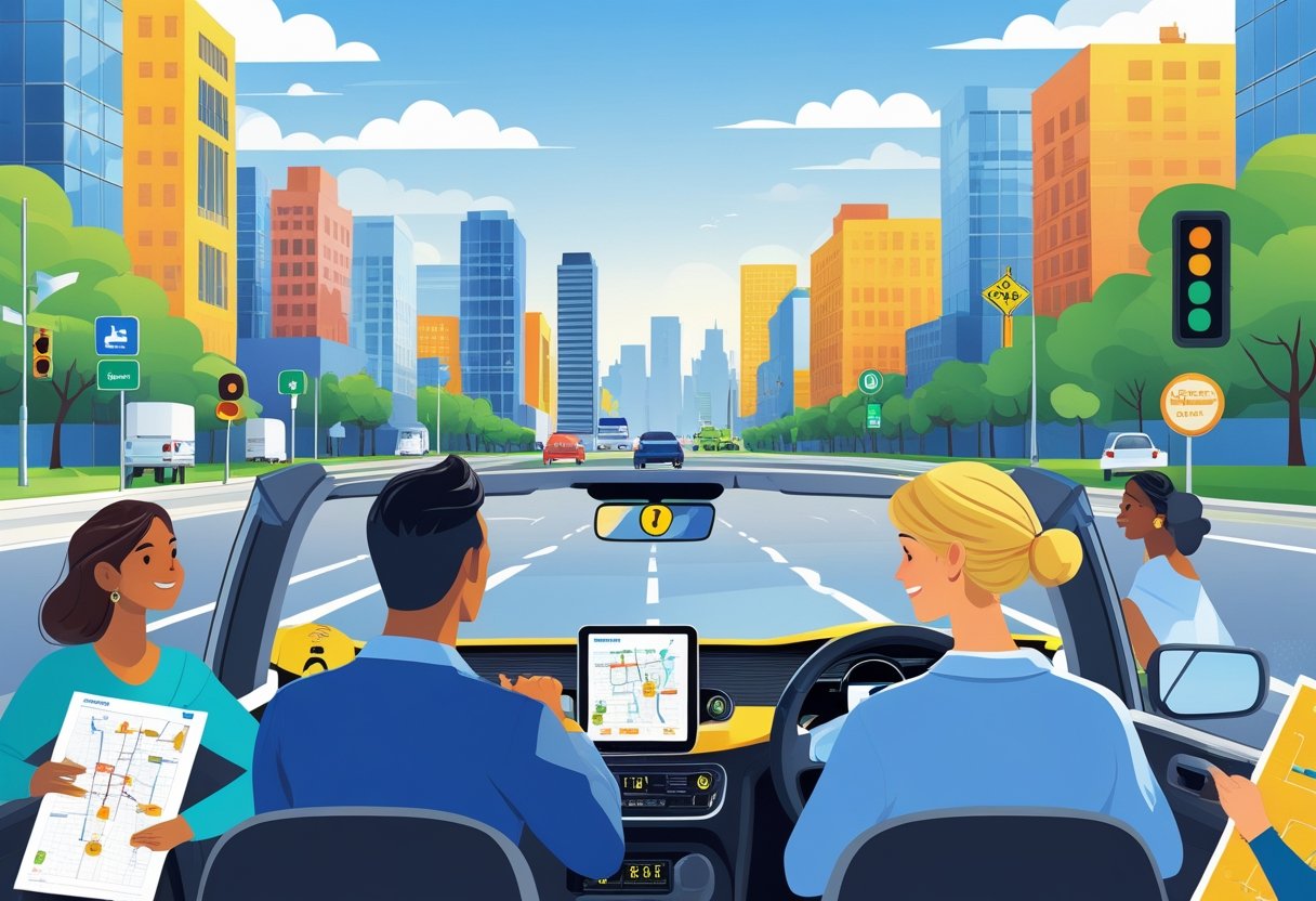 People learning to drive in a city with a driving instructor, surrounded by urban buildings and road signs.