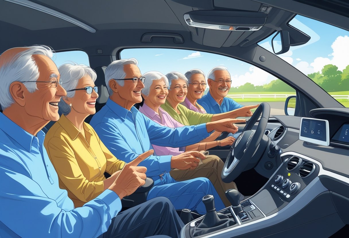 A group of older adults learning to drive in a car with an instructor at a driving course outdoors.