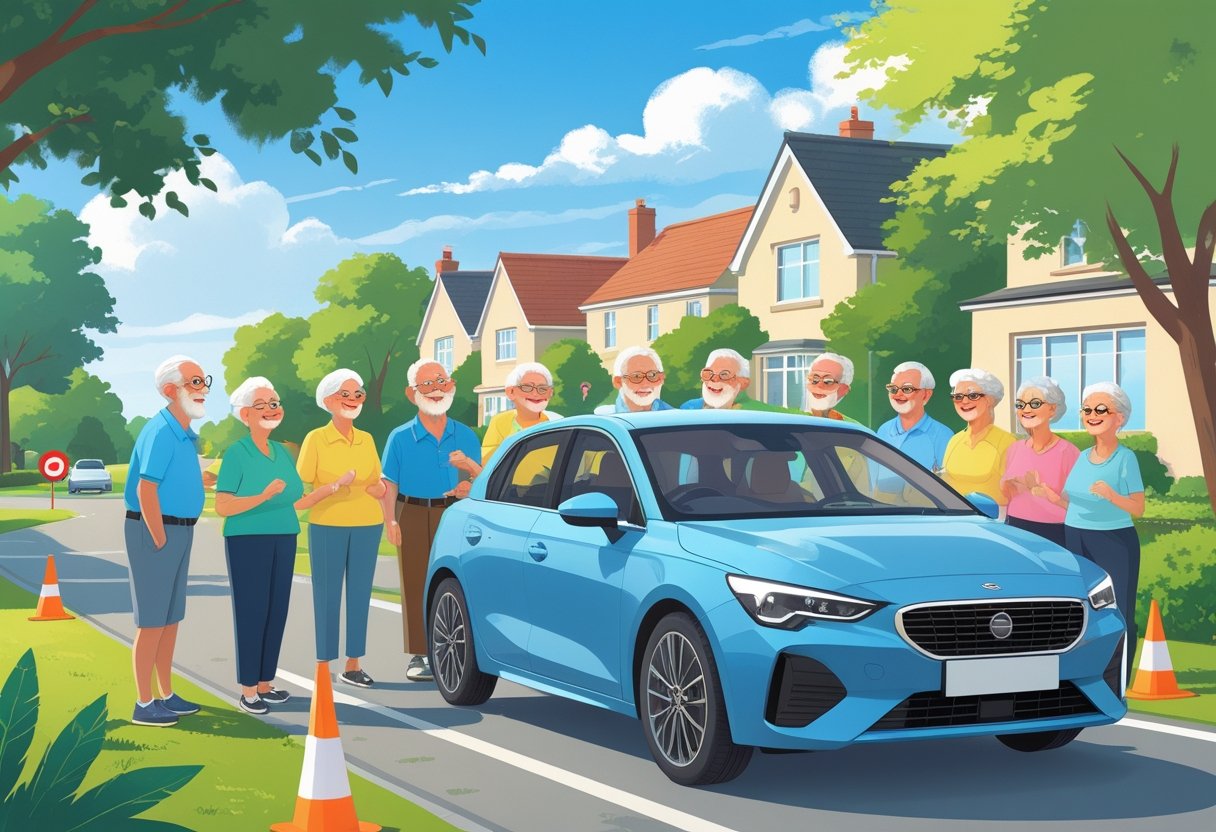 A group of older adults learning to drive with an instructor beside a car in a suburban driving school setting.