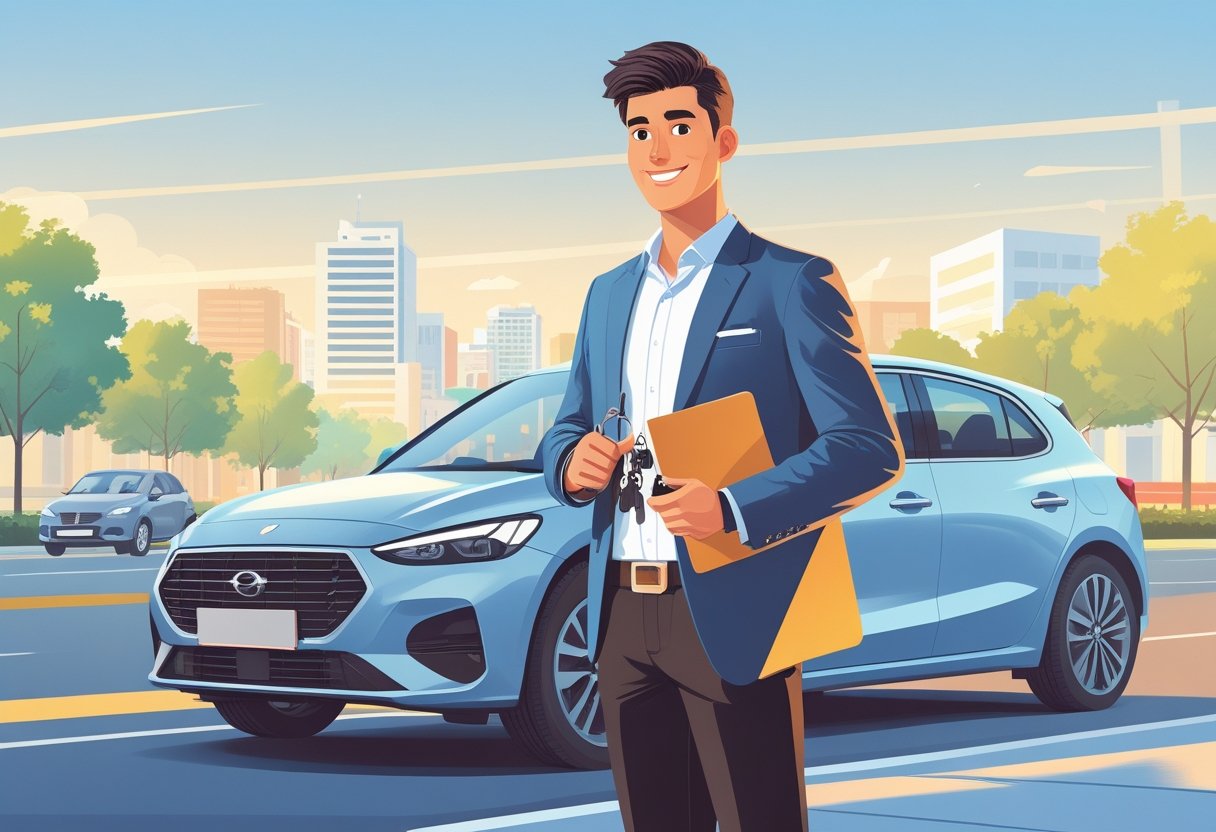 A young adult standing next to a car in a city setting, holding car keys and a folder, ready for a new job.