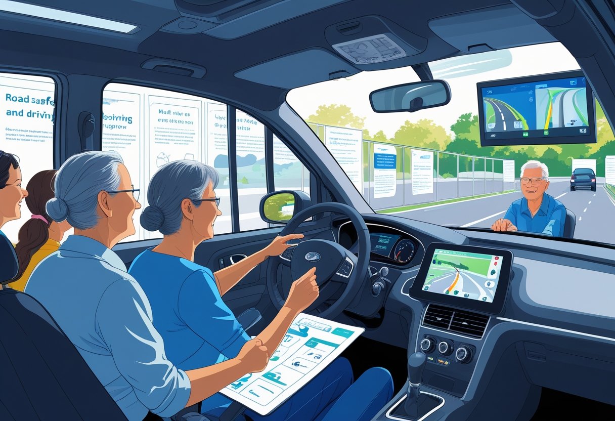 A group of adult learners and an instructor in a driving school classroom using a driving simulator to practice road safety.