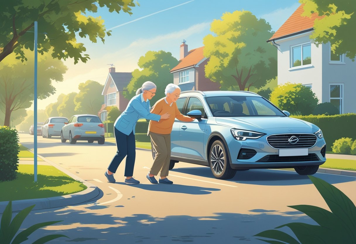 A full-time carer helping an elderly person near a car on a quiet residential street.