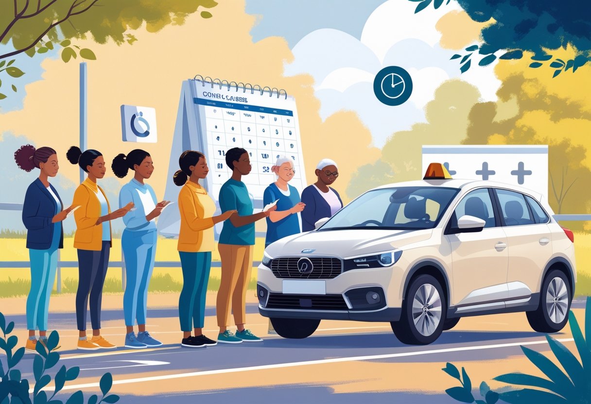 A group of full-time carers receiving guidance from an instructor during a driving lesson outdoors, with visual elements symbolising support and challenges they face.