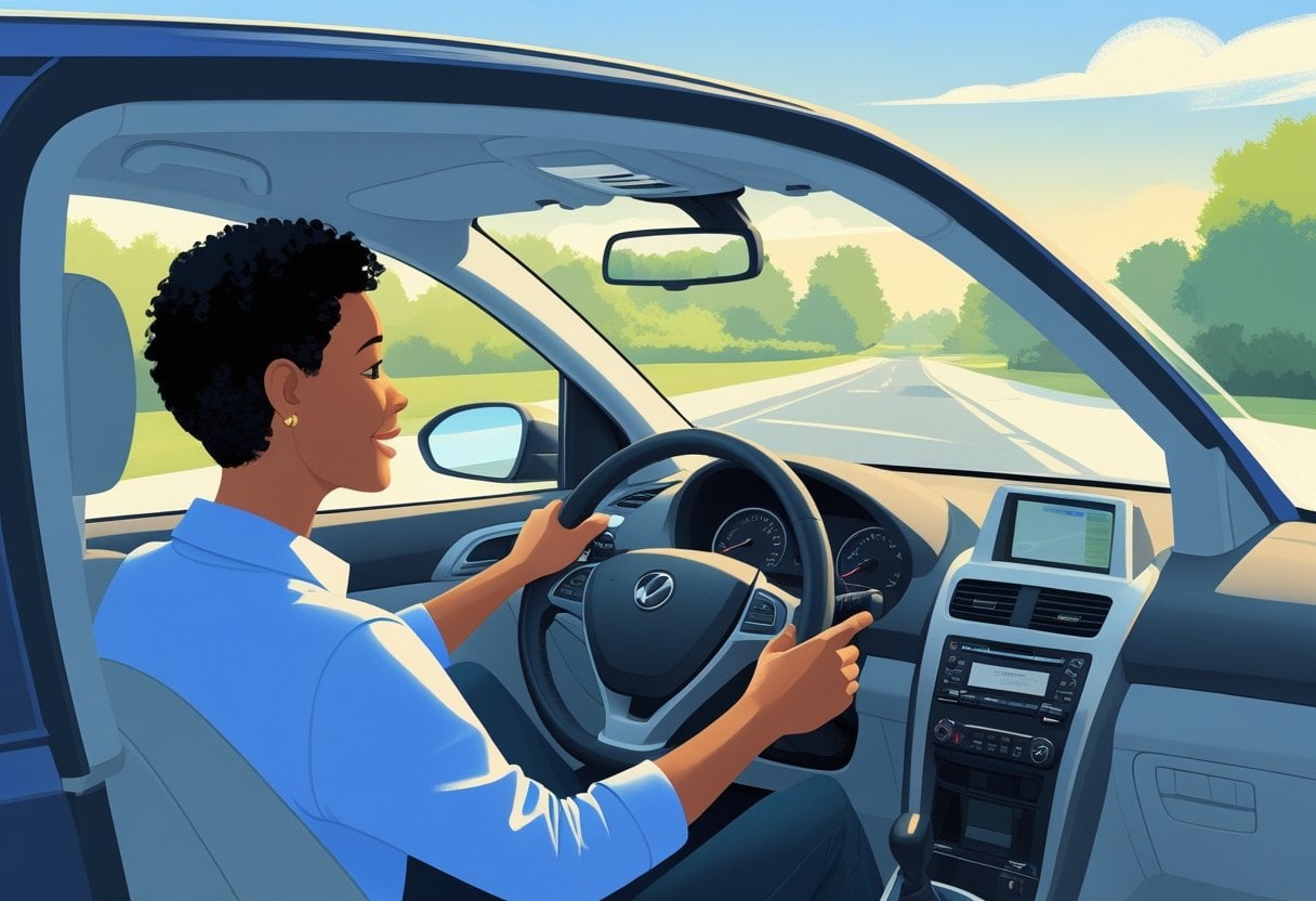 A learner driver receiving calm and supportive guidance from an instructor inside a car on a quiet suburban street.