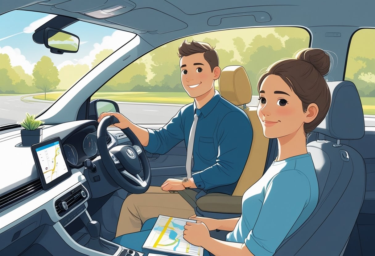 A driving instructor and a learner sitting calmly inside a car parked in a quiet suburban area, with the instructor offering supportive guidance.