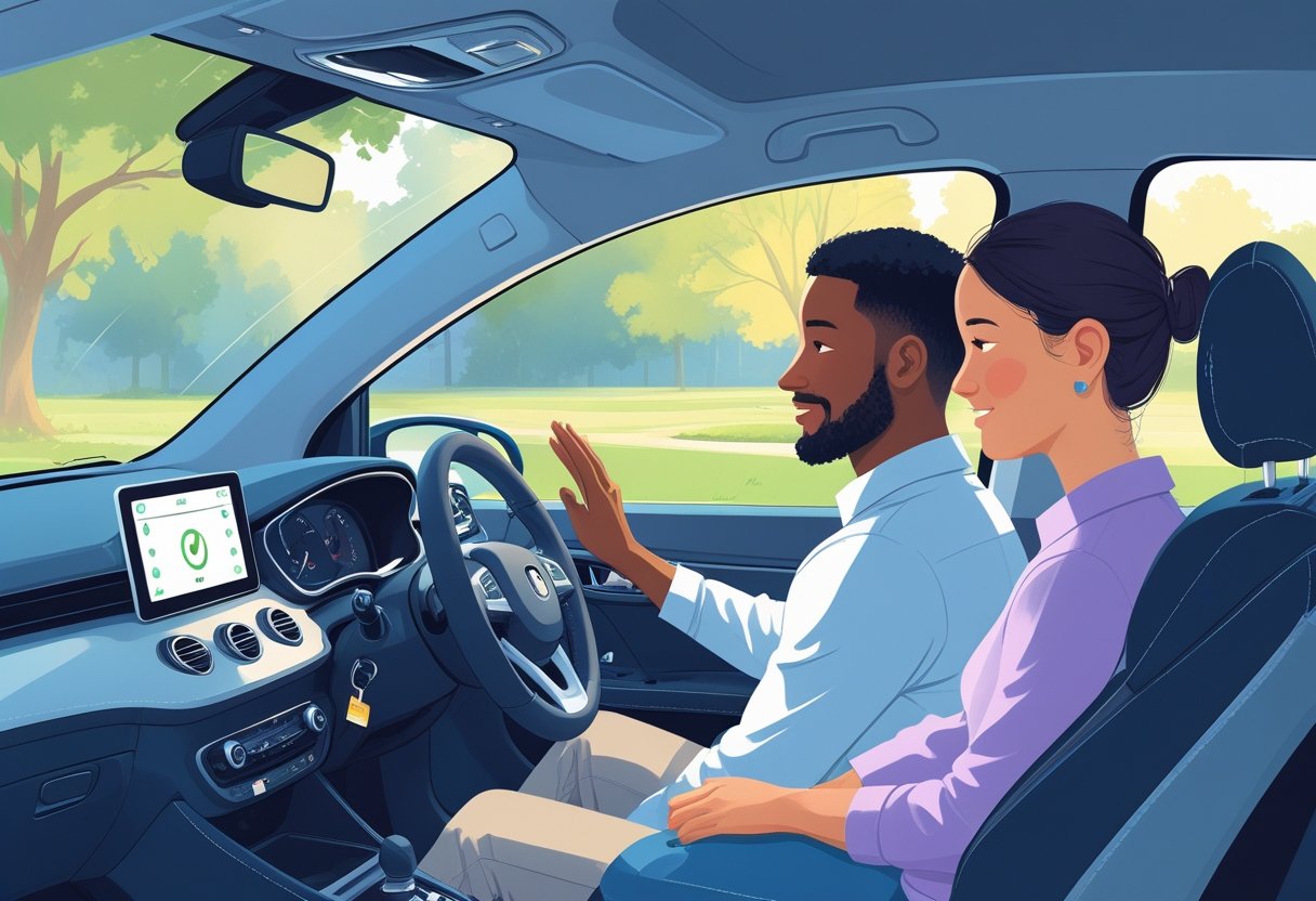 A driving instructor calmly guiding a learner inside a car in a peaceful suburban area.