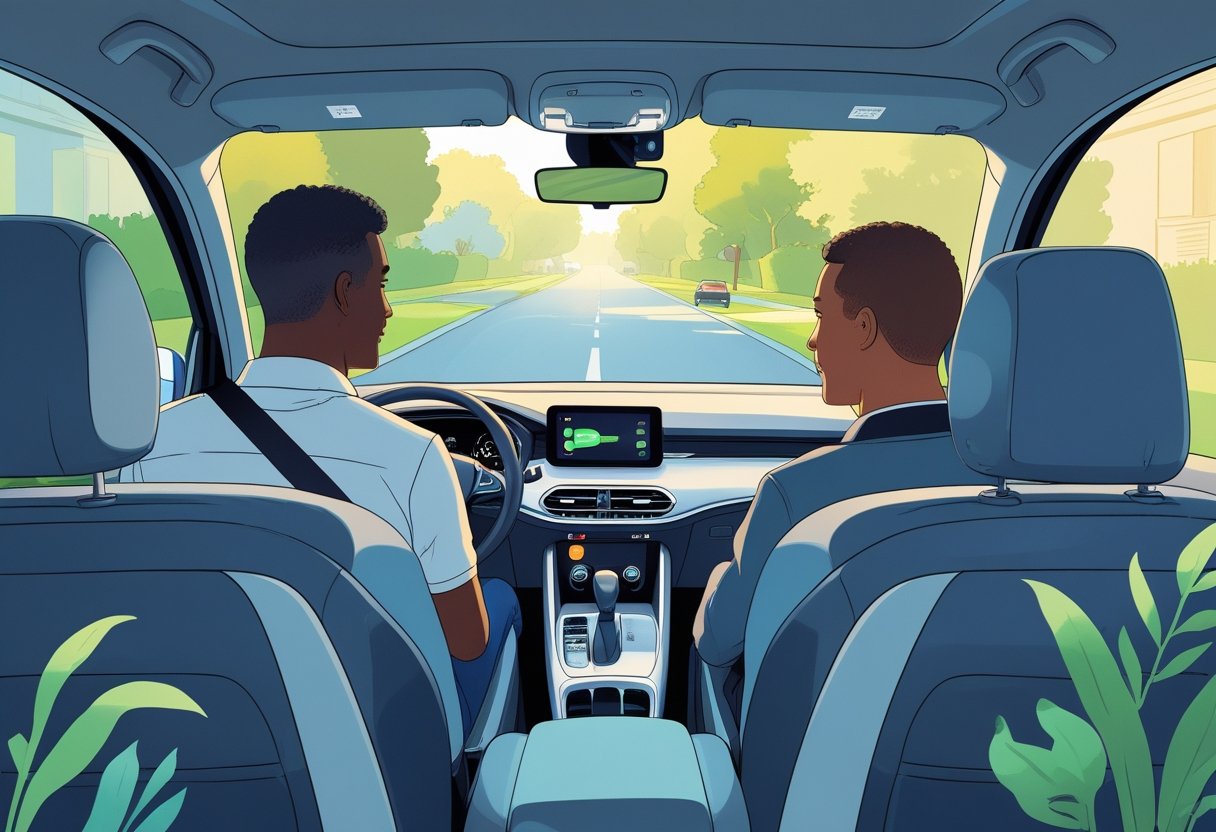 A driving instructor and learner sitting inside a car on a quiet suburban street, both appearing calm and focused.