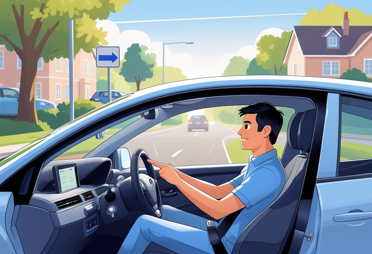 A learner driver receiving guidance from an instructor inside a car on a quiet suburban street.
