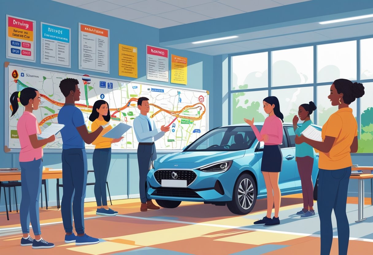 A group of diverse people learning about driving from an instructor in a bright classroom with driving materials.