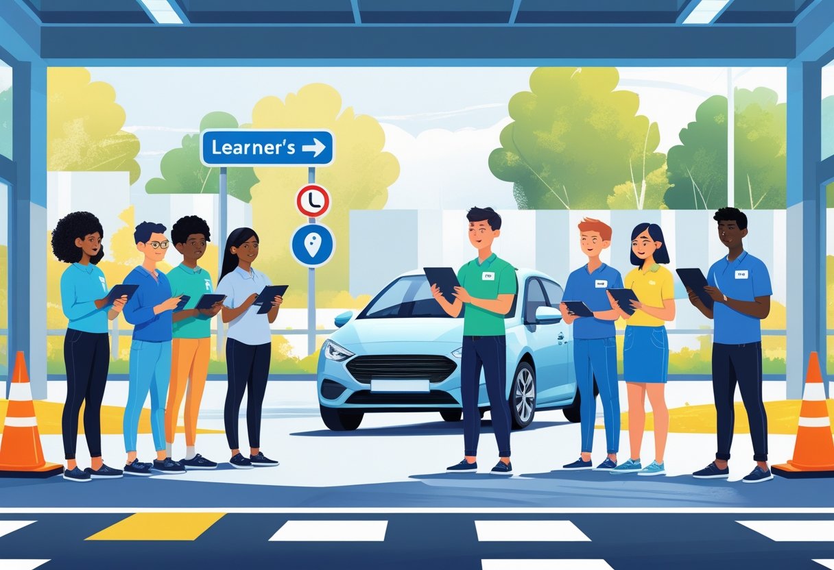 A group of diverse international students learning about driving from an instructor next to a car in a driving school setting.