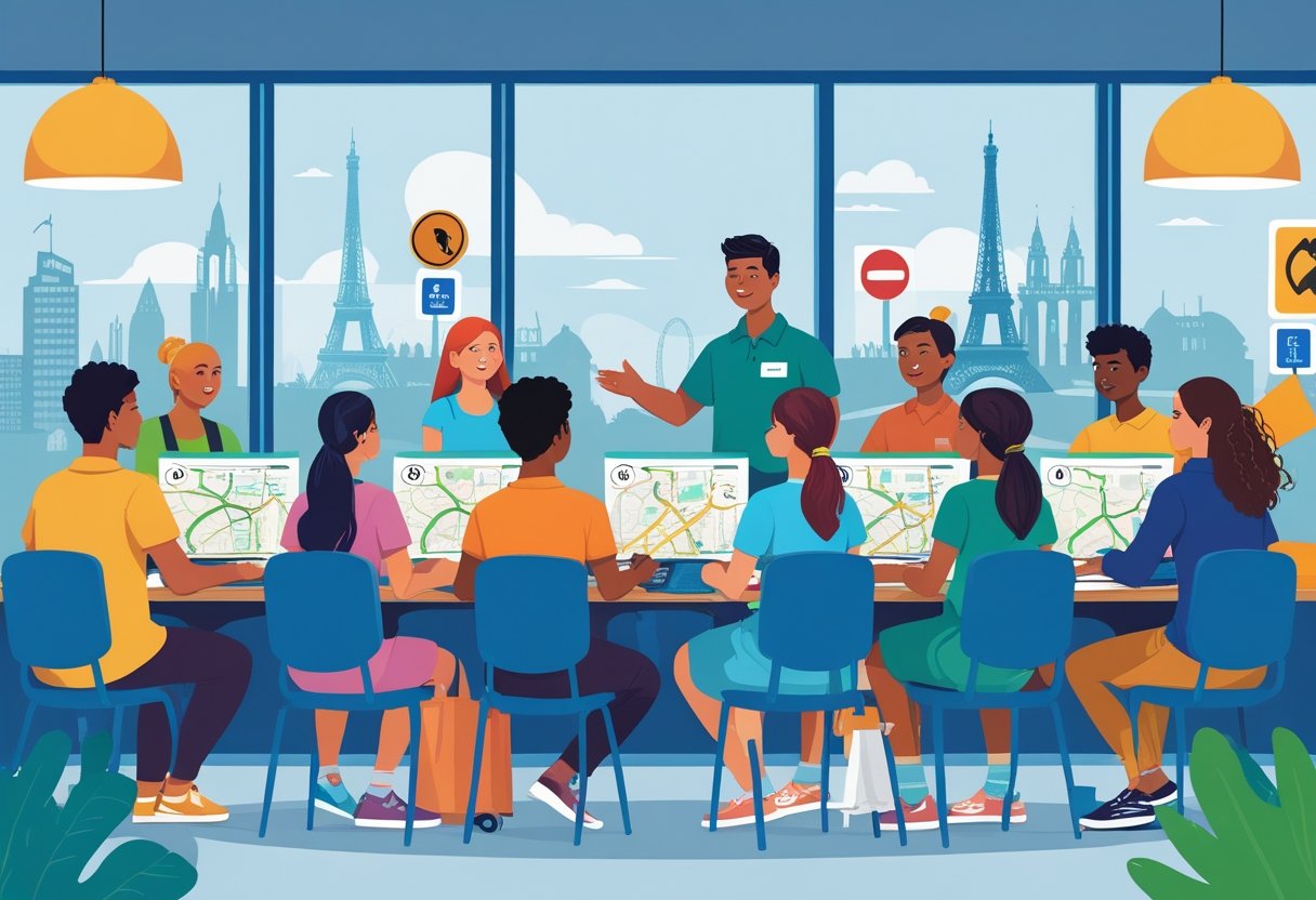 A group of international students learning driving skills in a classroom with an instructor and driving materials.