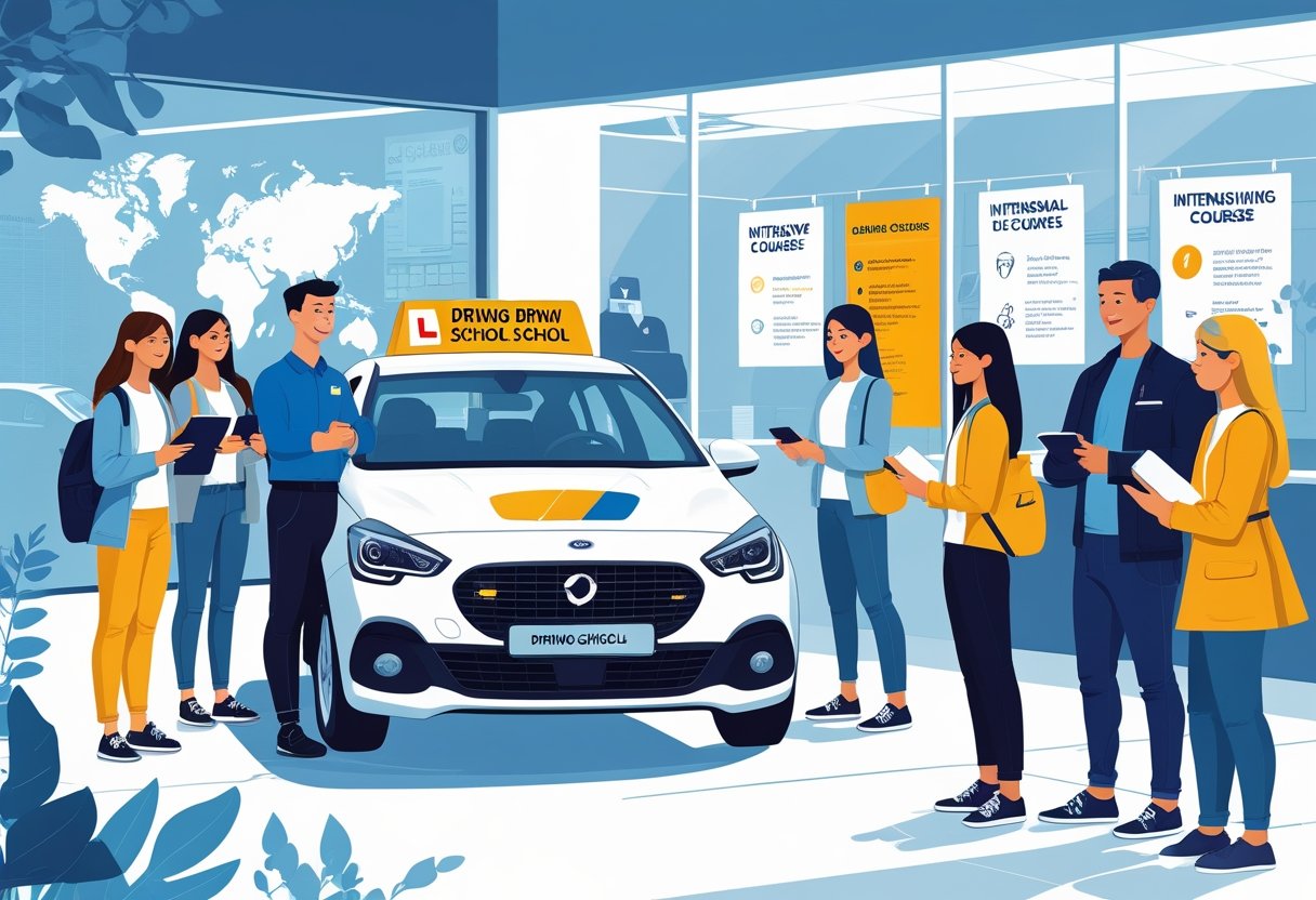 A driving instructor explains an intensive driving course to a group of international students next to a driving school car outside an office.