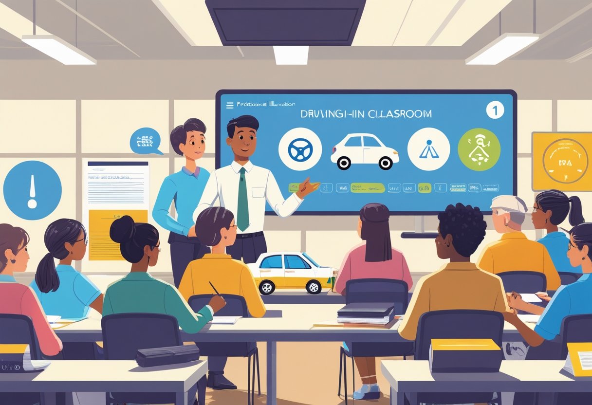 A diverse group of adult learners attentively listening to a bilingual driving instructor in a modern classroom with driving-related visuals.