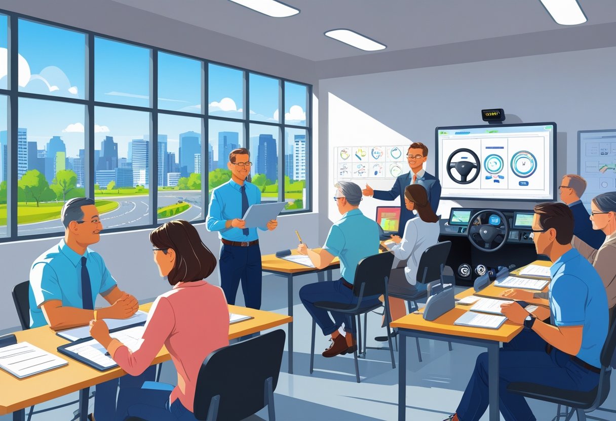 Adults in business casual clothes attending a driving course in a modern classroom with a city view, an instructor teaching, and a driving simulator in use.