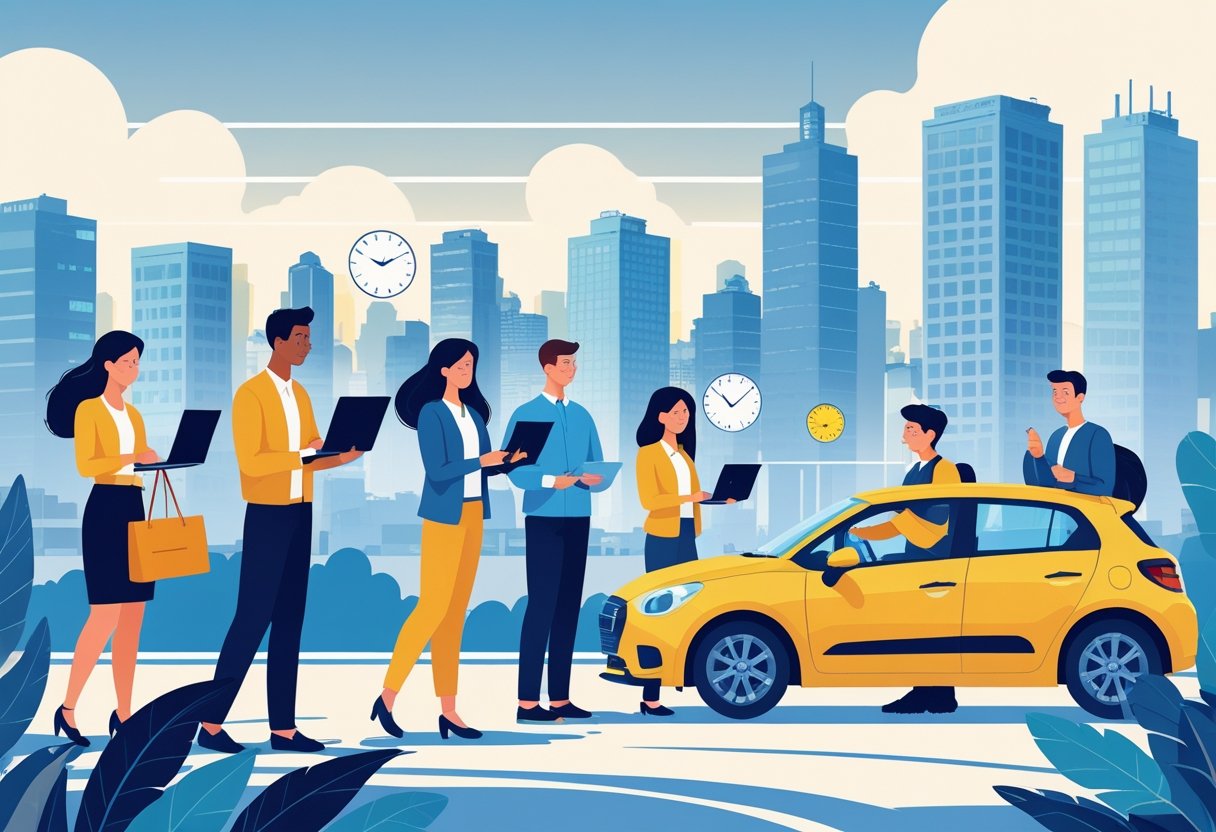 A group of full-time workers managing tasks while a driving instructor helps one person in a parked car nearby.