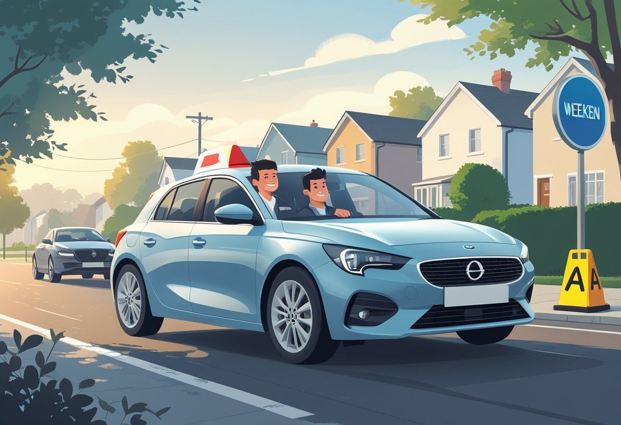 A learner driver and instructor in a car on a quiet suburban street during a sunny weekend morning driving lesson.