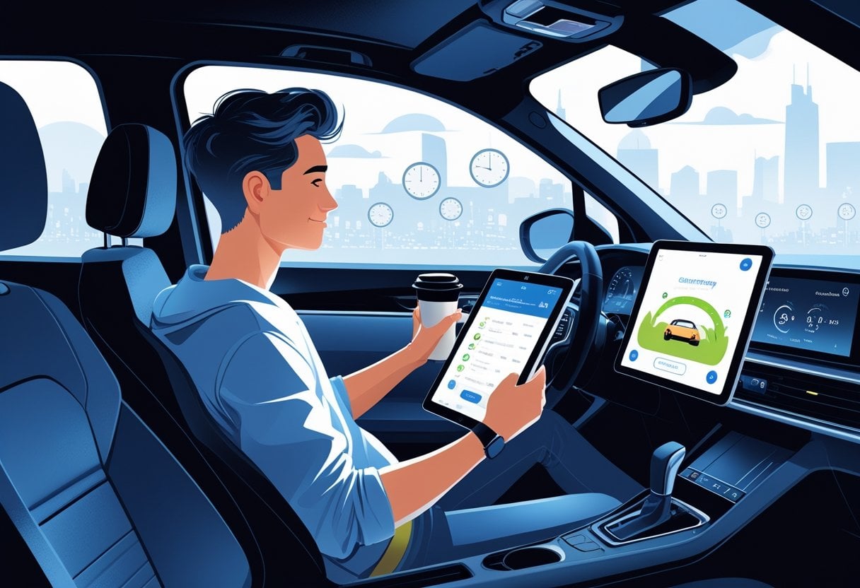 A freelancer sitting in a car holding a tablet with a driving course, with a city background showing clocks and calendars symbolising flexible hours.