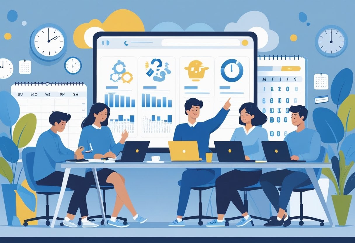 A group of freelancers working and discussing in a shared workspace with a mentor guiding them, surrounded by symbols of time management and productivity.