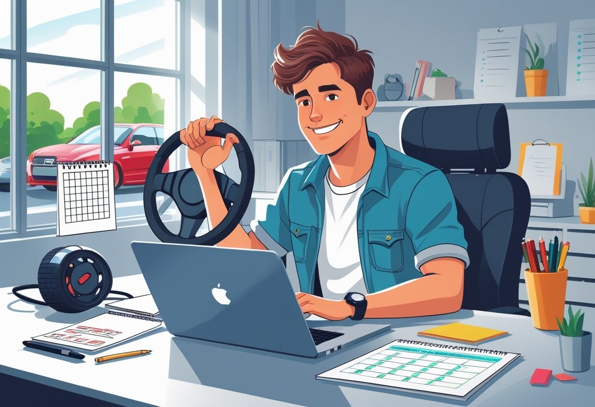 A young freelancer sitting at a desk with a laptop and driving course materials, looking focused in a bright home office with a car visible outside the window.