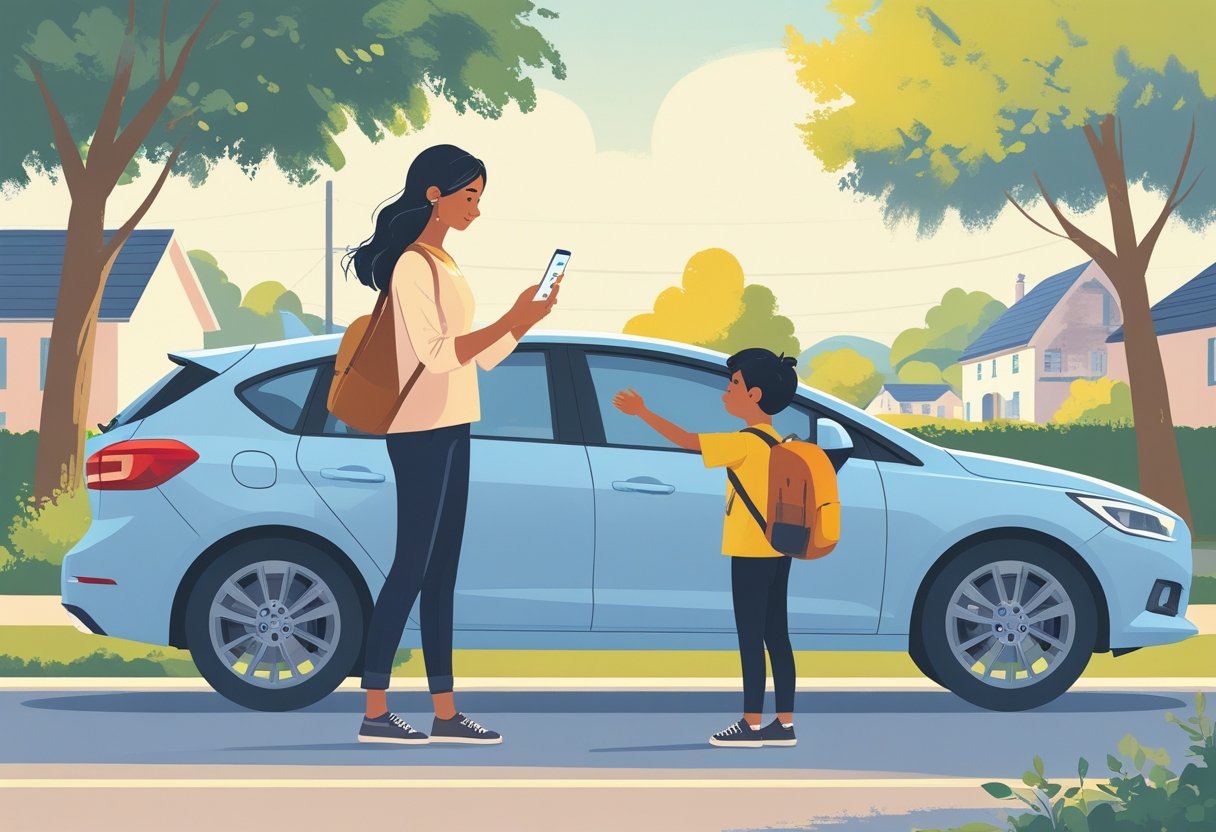A parent standing beside a car holding a smartphone and the hand of a child with a backpack on a suburban street.