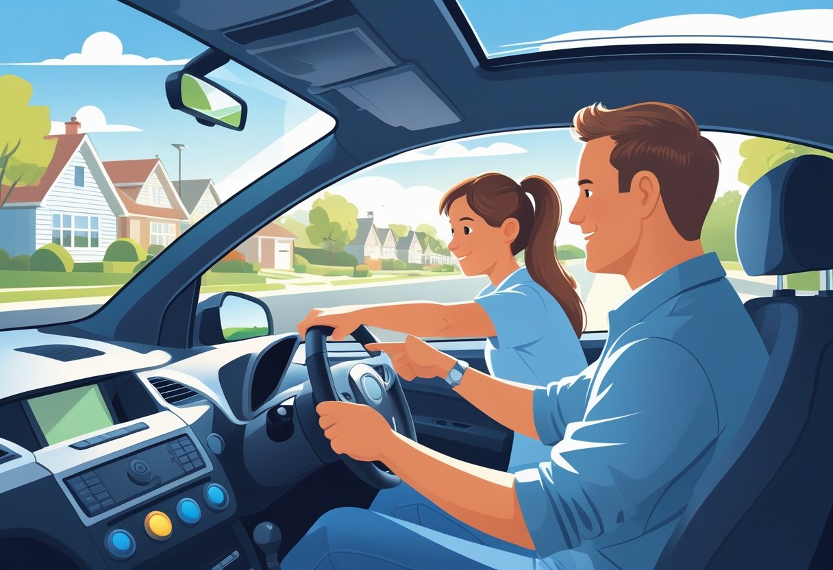 A parent learning to drive with an instructor in a car on a quiet suburban street.