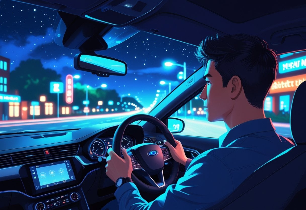 A person driving a car at night through a brightly lit city street, focused on the road ahead.