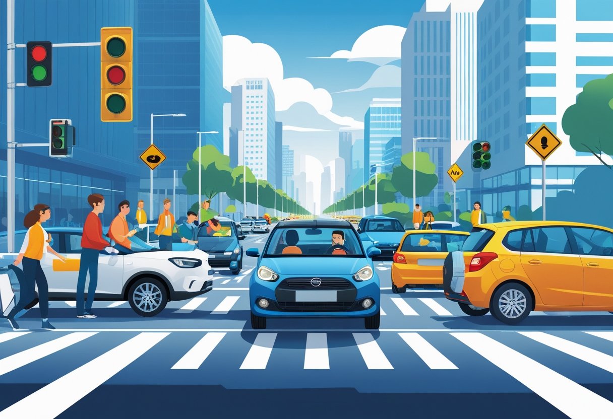 A driving instructor guides a learner driver in a car on a busy city street with buildings, pedestrians, and cyclists nearby.
