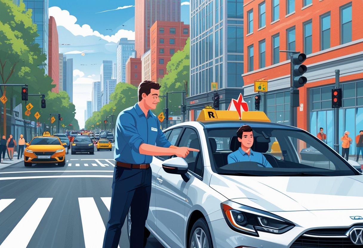 A driving instructor guides a student driver in a car on a busy city street with buildings, traffic lights, and pedestrians around.