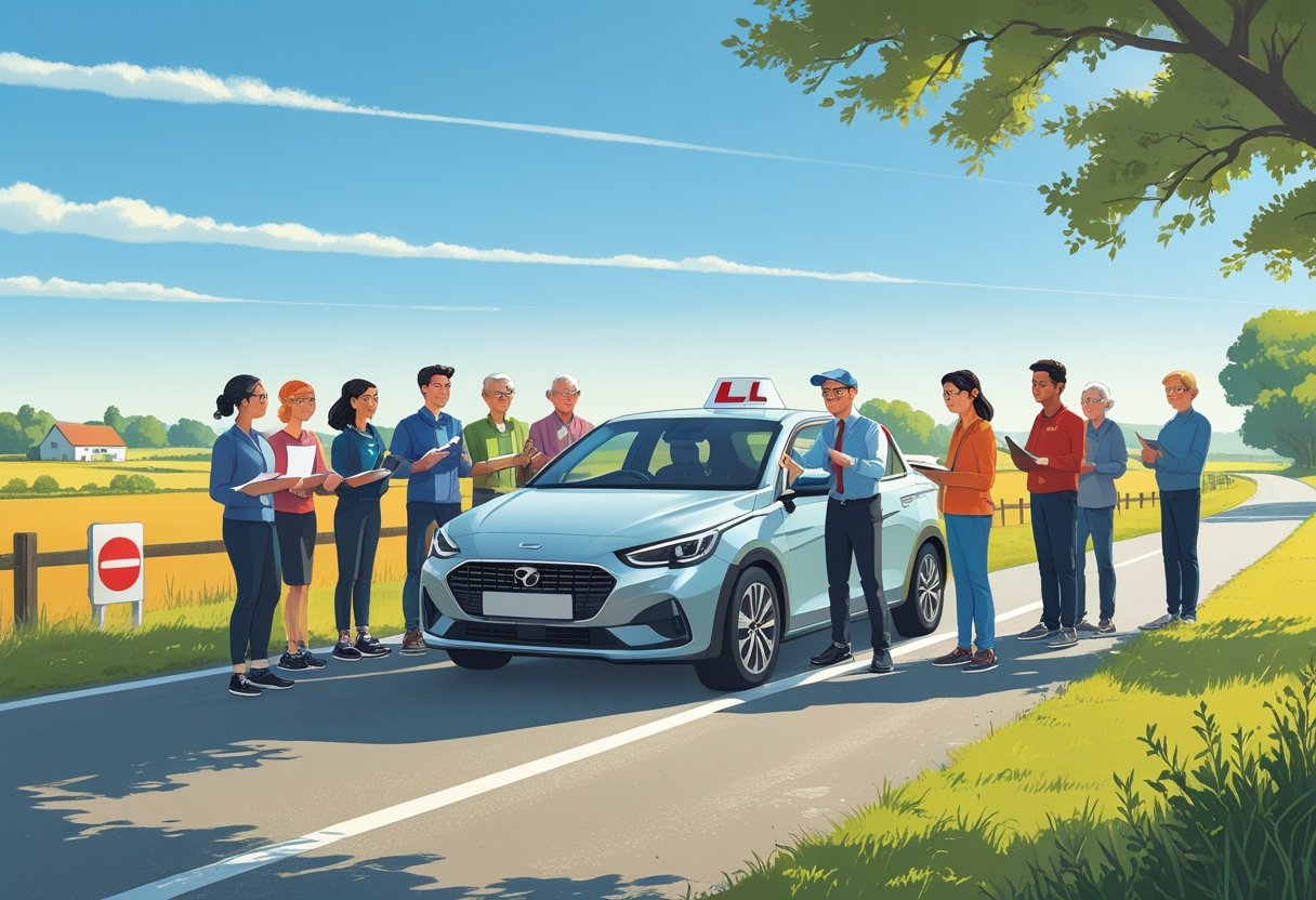 A group of rural learners with a driving instructor next to a car on a country road surrounded by fields and trees.
